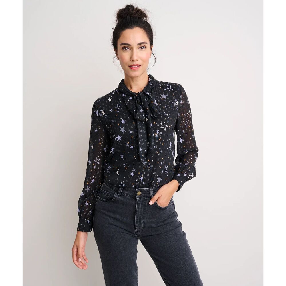 UNTUCKIT Black Purple Metallic Sheer Sleeve Button Up Tie Neck Colette Shirt 8